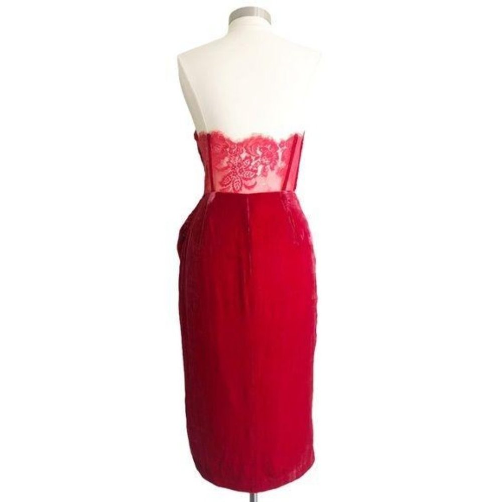 NBD Red Crushed Velvet Lace Back Strapless Dress M - Picture 4 of 7